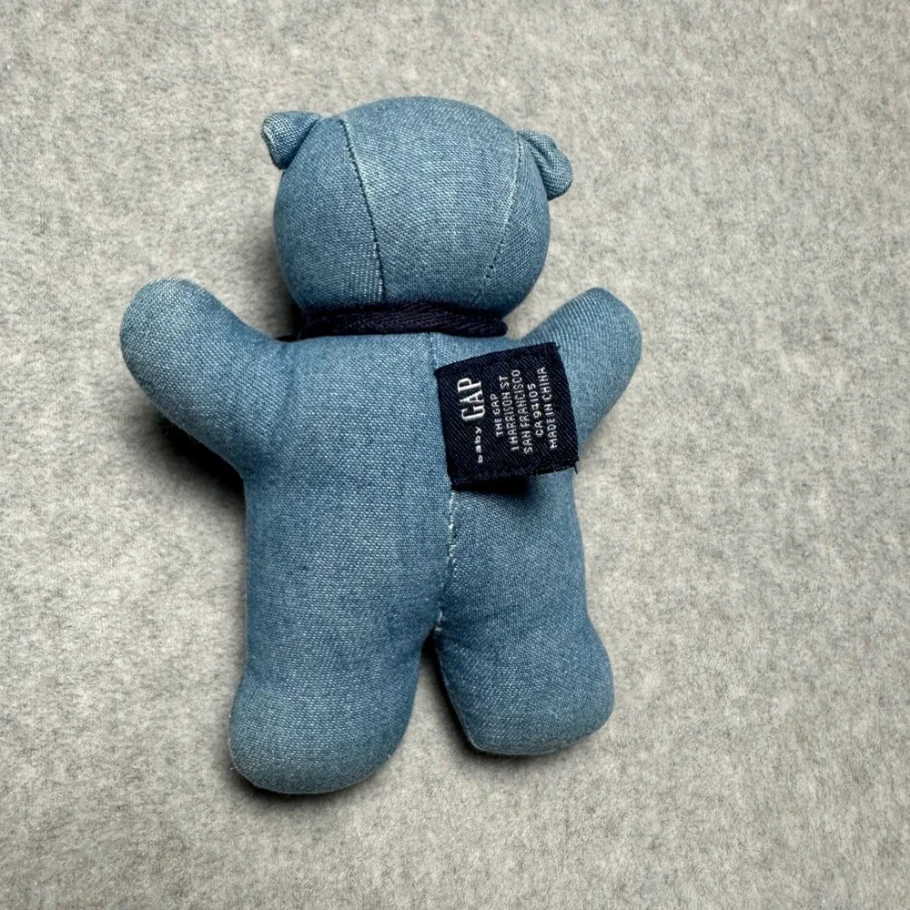 Vintage‎ Gap Baby Rattle Denim Bear Blue Plush Stuffed Animal Toy Bow Tie